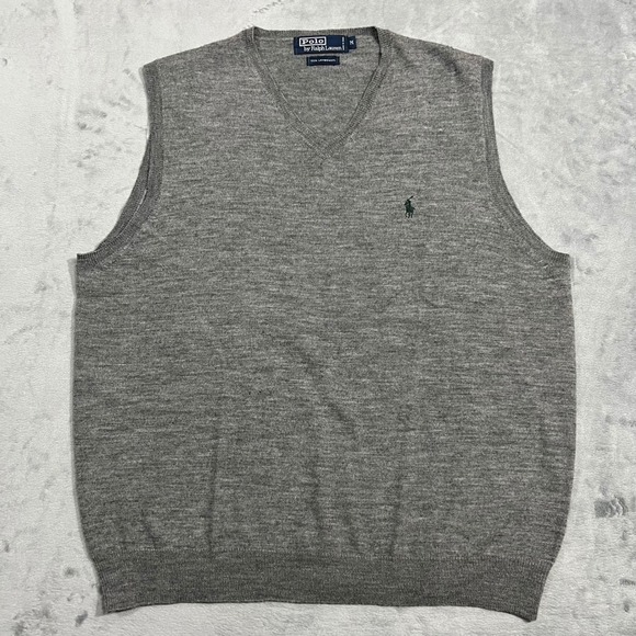Polo Ralph Lauren Mens Lambswool Sweater Vest V-Neck Gray Medium Logo Preppy - Picture 1 of 7
